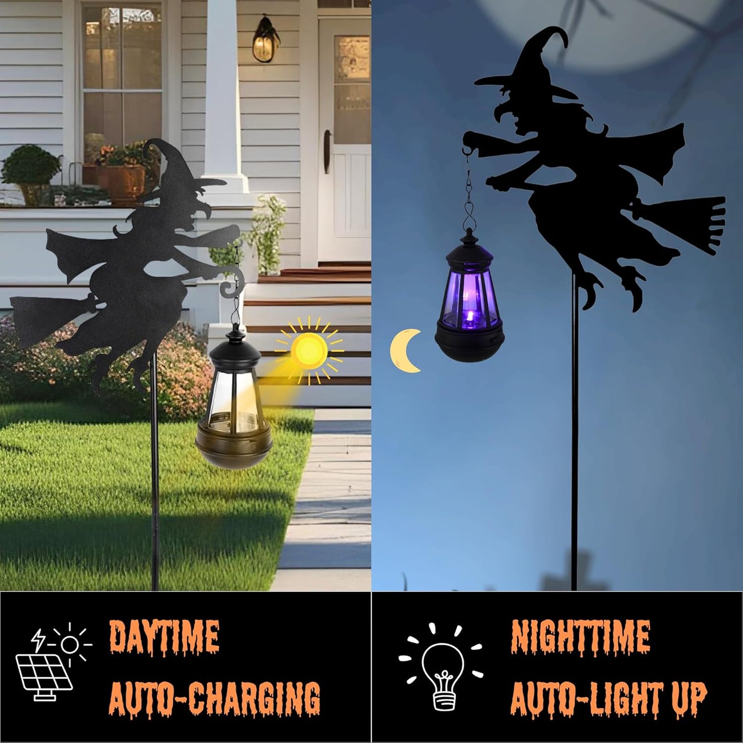 Halloween Witches Outdoor Solar Lanterns 2 Pack - Halloween Decorations Outdoor Witch Statue, Solar Garden Stakes, Metal Yard Decor, Whimsical Decor for Patio (Purple Light)