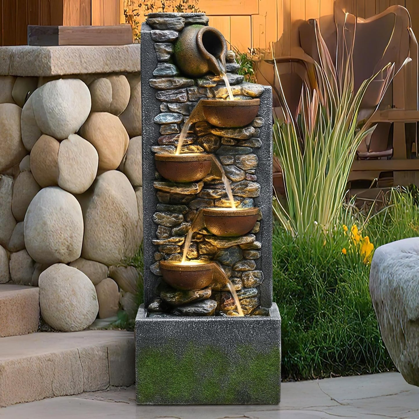 39" Outdoor Garden Water Fountain with Lights 5 Tiers Cascading Large Waterfall Floor Standing Fountain for Patio, Backyard, Deck, Porch and Home Art Decor