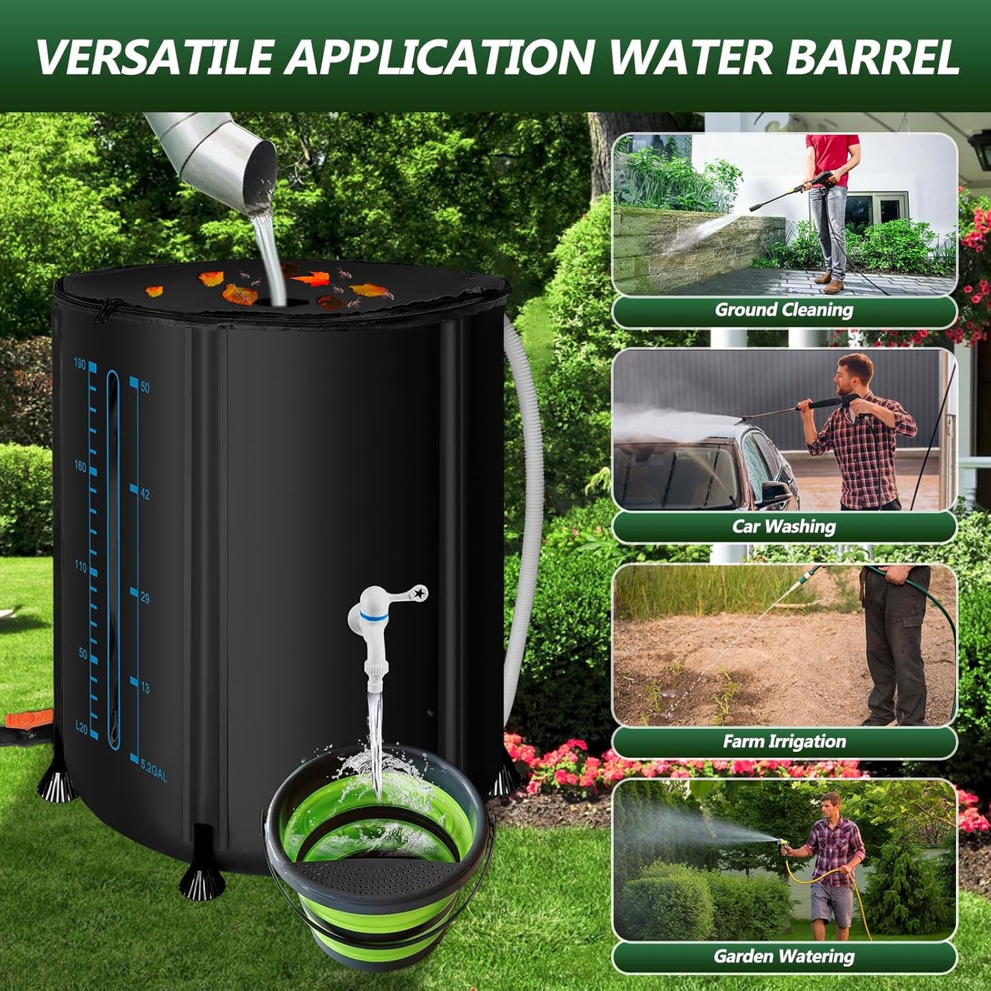 Collapsible Rain Barrel, 53 Gallon/200 L Portable Rain Water Collection Barrel, PVC Rainwater Collection System with Spigotst, Water Barrel with Bucket for Garden Water Catcher (Black, 53 Gallon)
