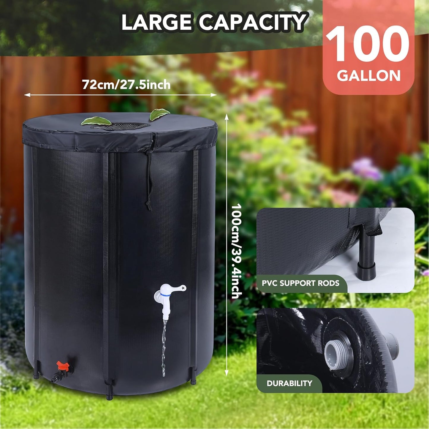 100 Gallon Rain Barrel - Portable Rain Water Collection Barrel - Large Collapsible Water Storage Tank with Spigot Overflow Kit, Black