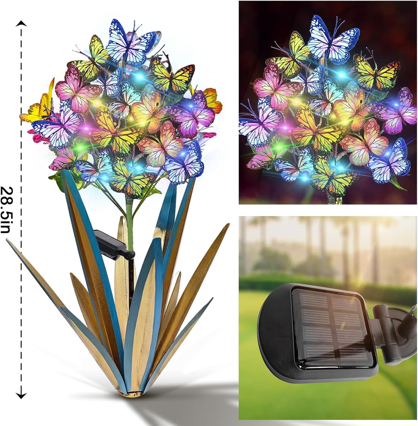 Homight Solar Metal Agave Butterfly Flower Stick Garden Sculpture - Outdoor Christmas Lights With Swaying Butterfly Sunflower - Solar Outdoor Gift (3 PCS Blue)