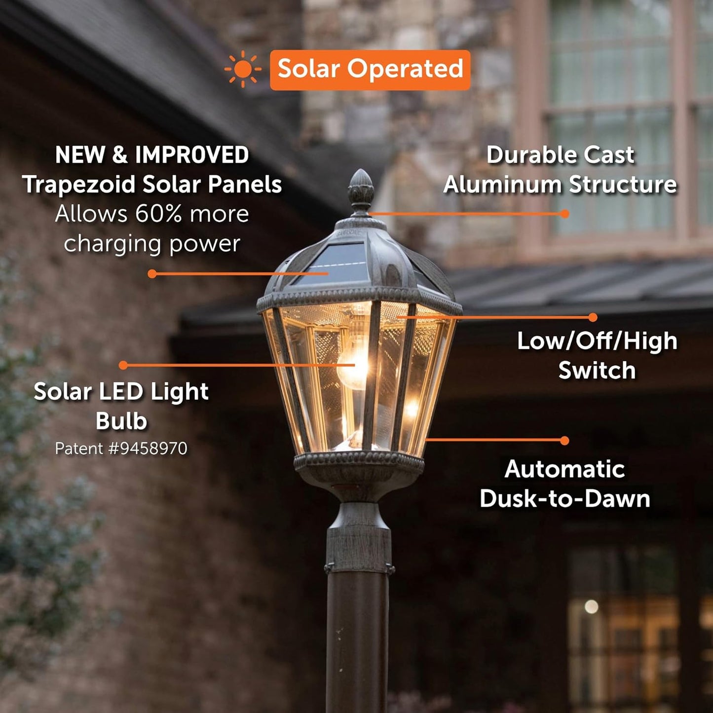 Gama Sonic Outdoor Solar Lamp Post Light, Weathered Bronze Finish Aluminum, Royal Bulb, Beveled Glass, 3-inch Fitter for Lamp Posts, 98B312, Upgraded