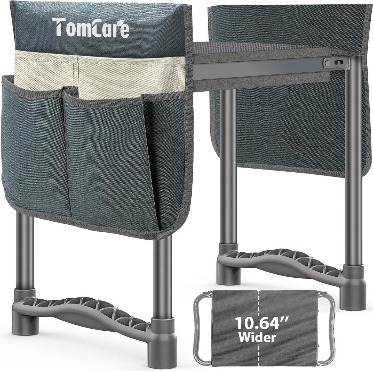 TomCare Garden Kneeler and Seat 10.64” Wider Larger Soft Kneeling Pad Garden Bench with 2 Large Tool Pouches Heavy Duty Garden Stool Foldable Tools Gardening Gifts for Women Men Gardeners,Grey