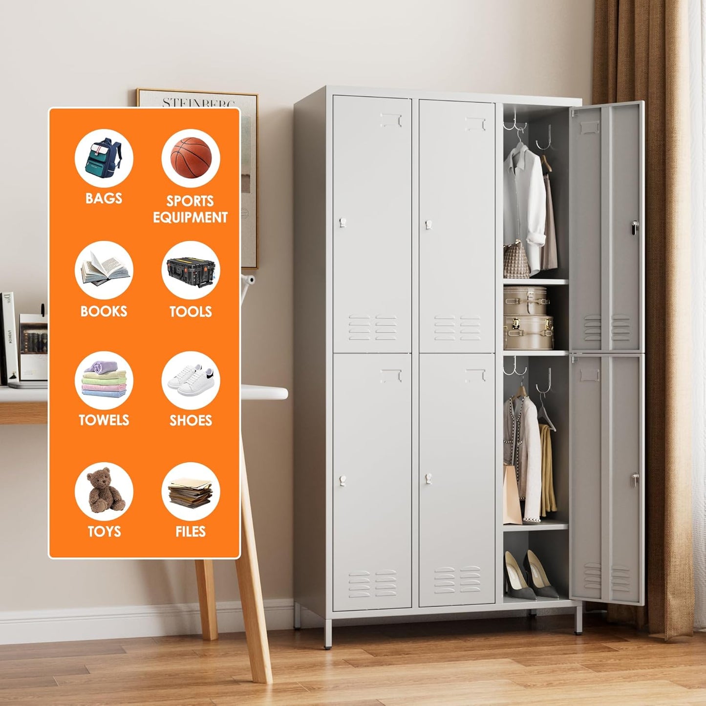 6 Doors Metal Lockers for Employees with 6 Shelves and 18 Hooks, Storage Locker with Business Card Holder for Office Gym School Bedroom, Assembly Required, Light Gray