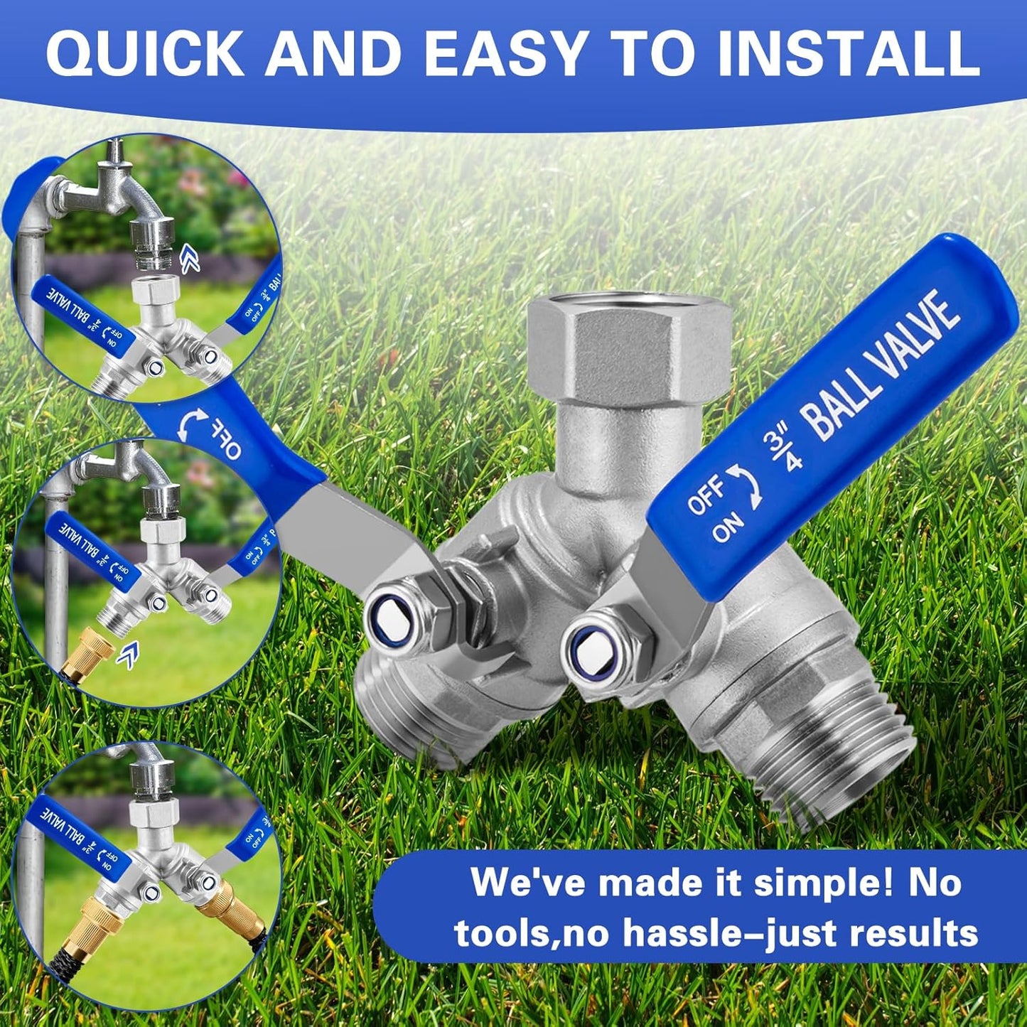 Garden Hose Splitter 2 Way Heavy Duty, 304 Stainless Steel Water Hose Splitter with Long Handle, Lead-free Y Water Garden Hose Splitter, 3/4" GHT Thread Full Flow 2 Way Water Hose Splitter