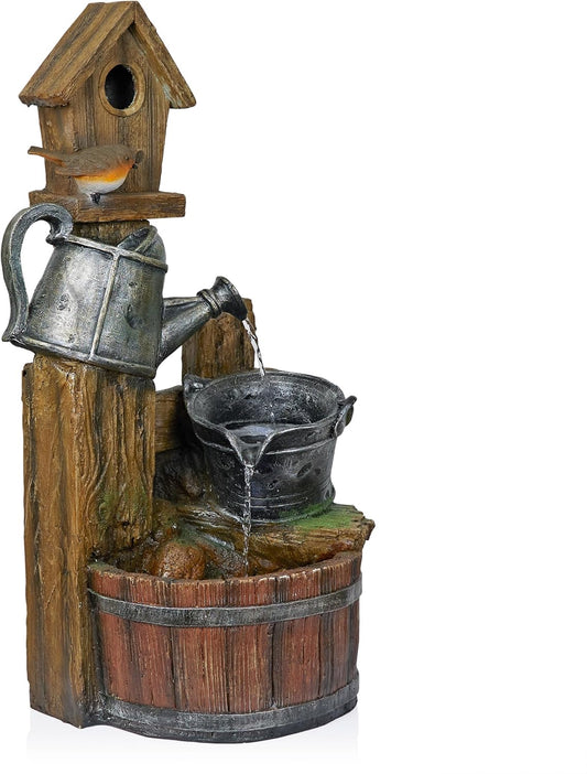 Alpine Corporation TZL280 Watering Can Barrel Birdhouse Fountain w/White LED Lights, Stylish Décor for Garden & Patio, 32" H