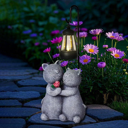 Outdoor Cat Garden Statues with Solar Lantern - Romantic Resin Kitty Couple Holding Rose, Funny Solar Cat Decor Gifts for Women, Cats Figurines for Yard Lawn Porch Patio
