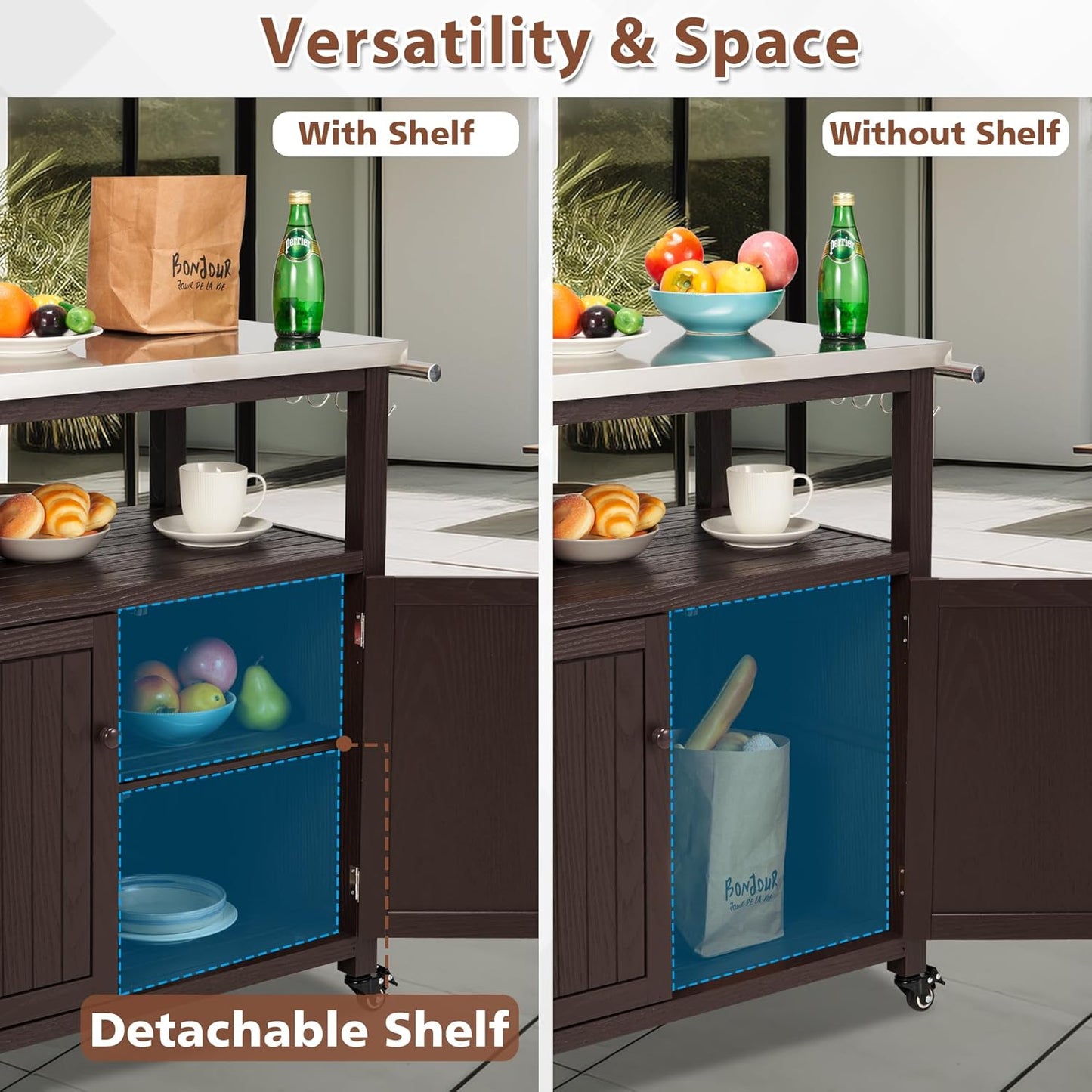 AHB Outdoor Grill Table Solid Wood Storage Cabinet, Rolling Kitchen Island, Movable Bar Cart with Stainless Steel Top for Outside Patio, Backyard, Garden (Two Doors)