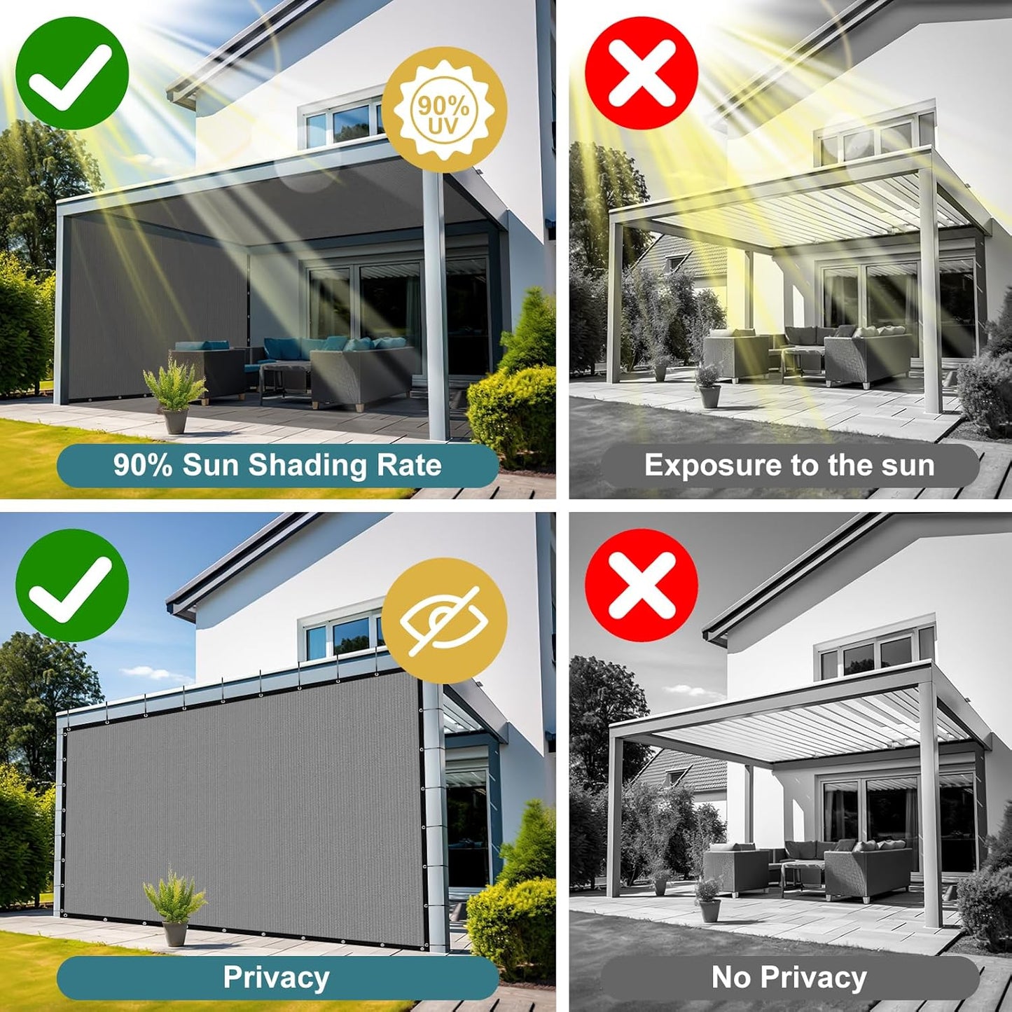 Shade&Beyond 90% Sun Shade Cloth with Grommets, 8' X 8' Pergola Shade Cover Canopy, Mesh Tarp Sun Screens for Patio, Outdoor, Garden, Backyard, Light Gray