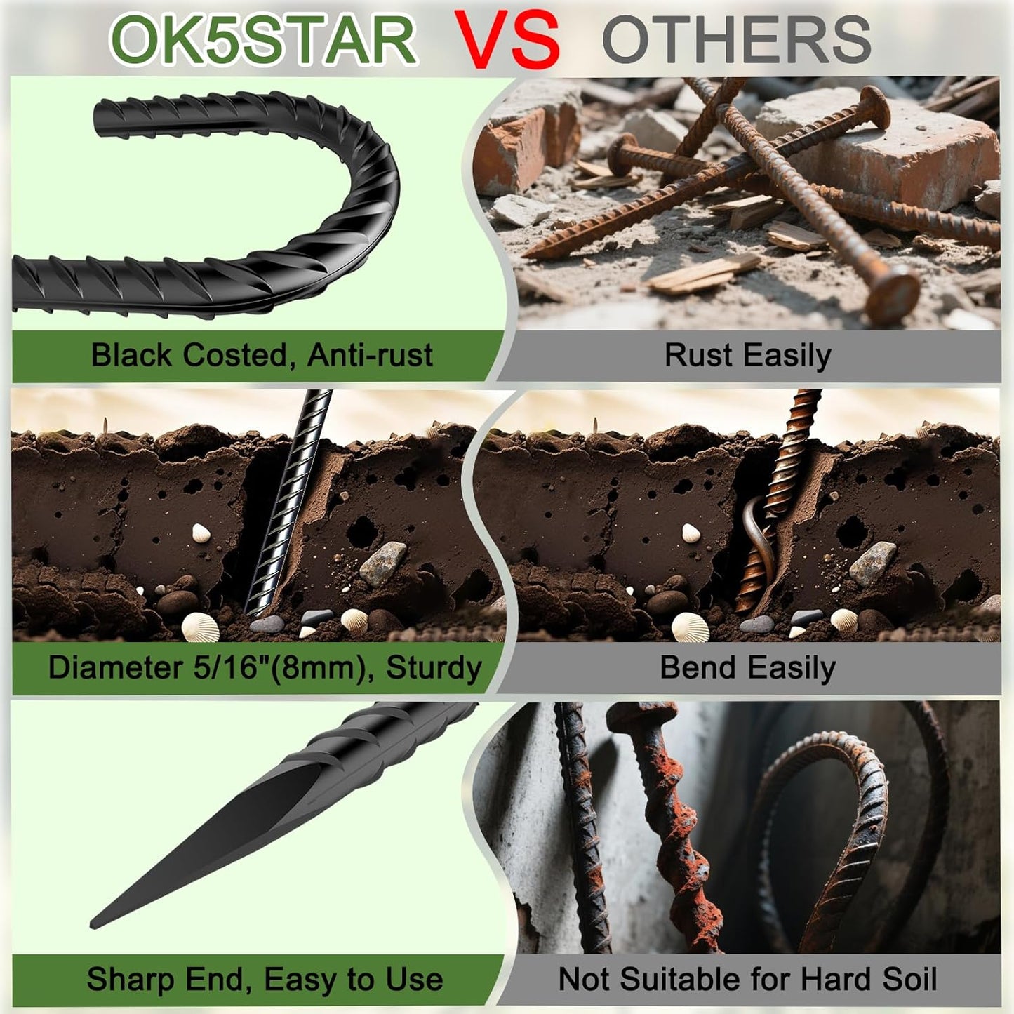 Rebar Stakes 16 inch, Heavy Duty J Hook Ground Stakes, 5/16 inch Curved Steel Tent Stakes Anti Rust Ground Anchors for Chain Link Wire Fencing, Pack of 40, Black