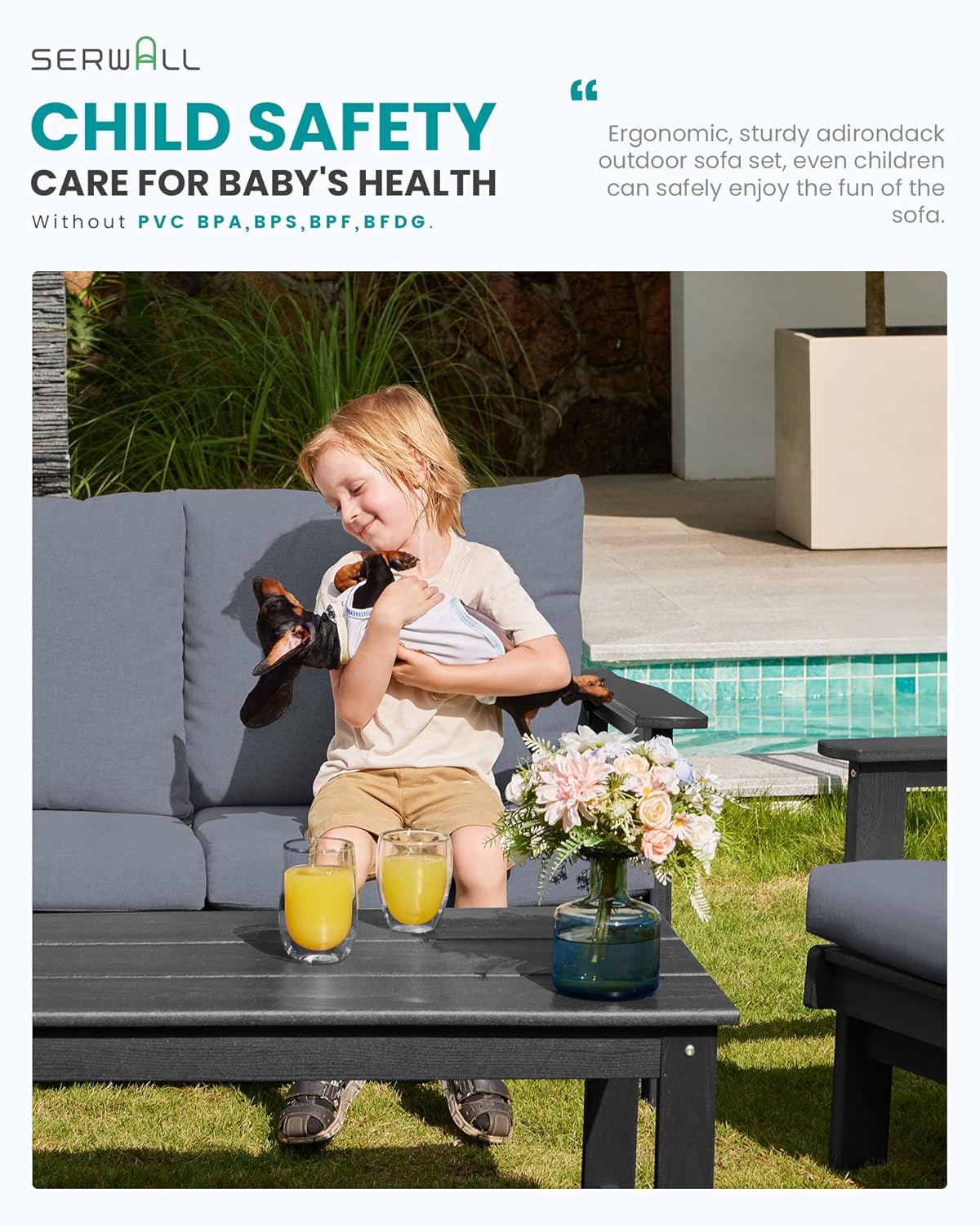 SERWALL HDPE Outdoor Patio Loveseat, Grey Frame and Grey Cushion