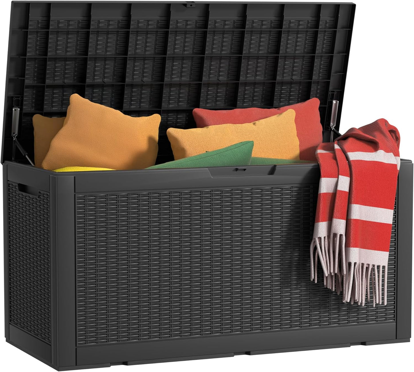 100 Gallon Outdoor Storage Box Waterproof, UV Resistant Resin Deck Box with Hydraulic Rod, Reinforced Stability for Patio, Garden, Quad Leaf Black