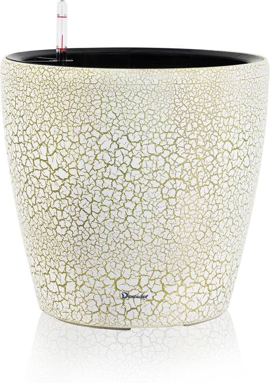 Dexceder 18x17 Self Watering Planter with Wheels Indoor Outdoor, Inner Pot Design, Thickened Large Floor Standing Flower Plant Pot with Water Level Indicator (White Gold Crackle)