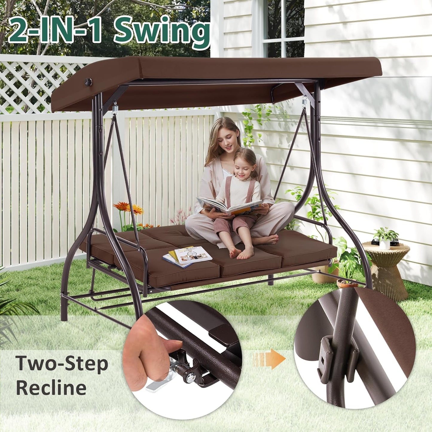 MCombo 3-Seat Outdoor Patio Swing Chair, 2-in-1 Convertible Porch Swing Glider Chair with Removable Cushions, Adjustable Canopy & Pillows for Backyard, Deck, Garden, 4068 (Brown)