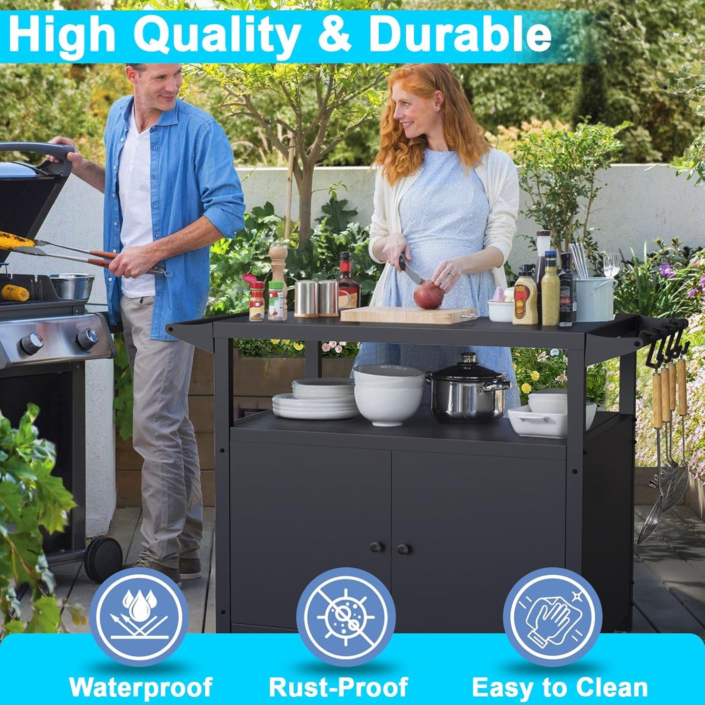 Outdoor Grill Table with Storage, Movable Grill Cart, Outdoor Kitchen Island Prep Stand Station,Blackstone Griddle Stand, BBQ Serving Cart Rolling Bar Cart with 4 Utensil Hooks