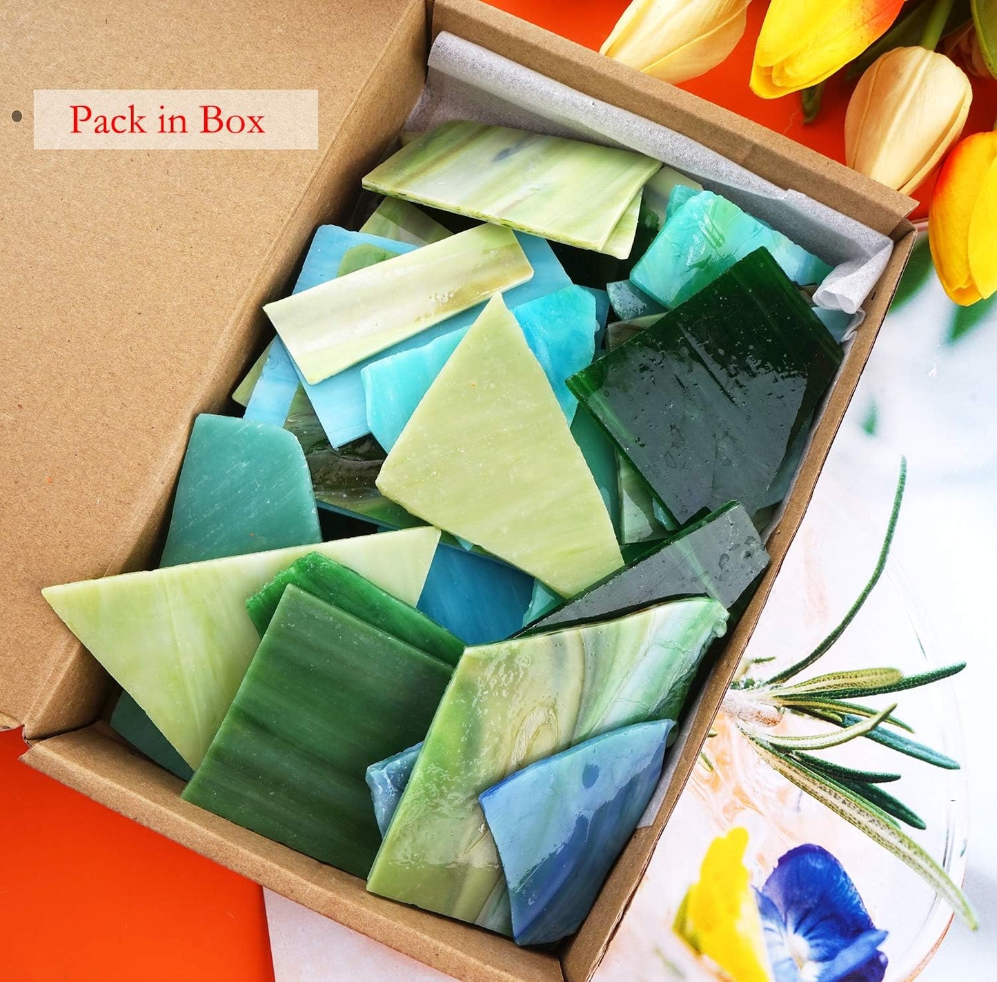 Lanyani Green Mixed Stained Glass Scrap Pieces Sheets, Glass Mosaic Tiles for Art Crafts, 35oz Value Pack,Assorted Colors and Textures