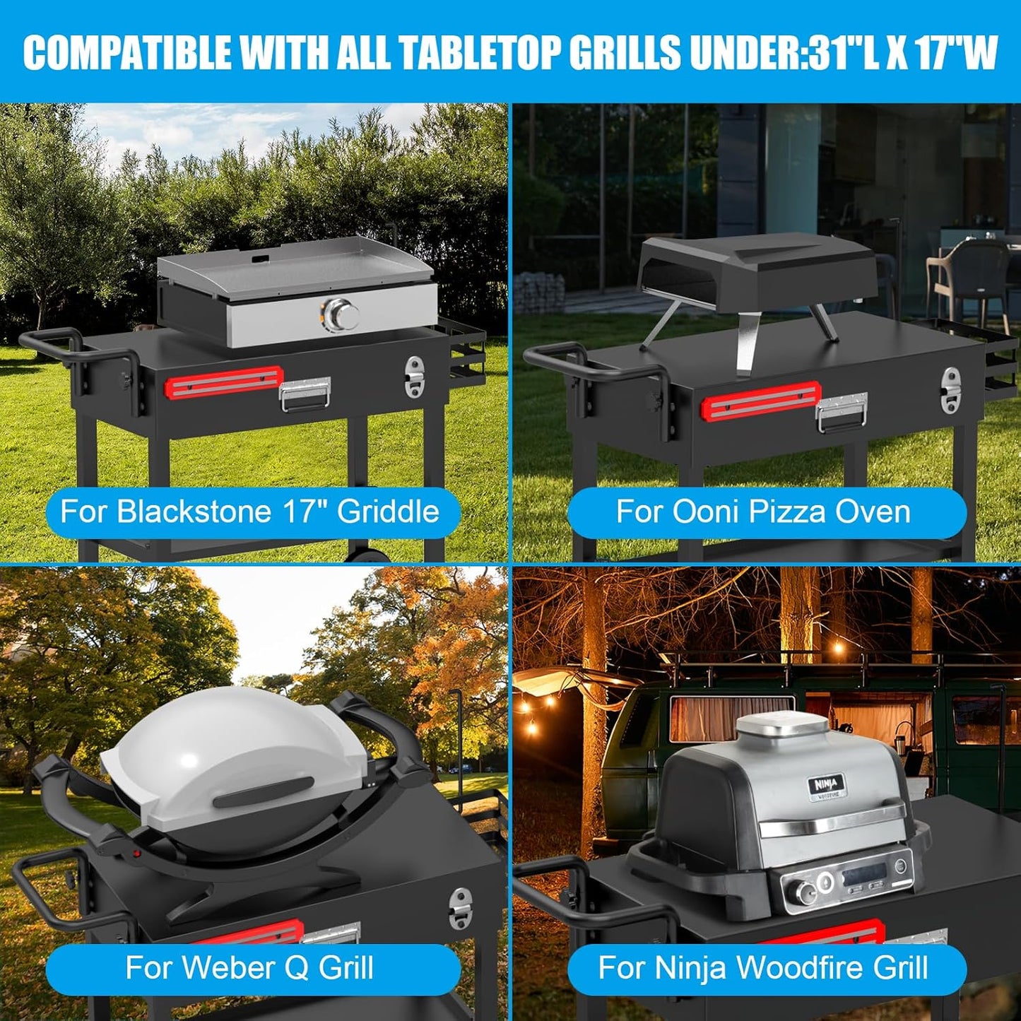 LS'BABQ Portable Outdoor Grill Table, Folding Stand for Blackstone 17"/22" Griddle, Camping BBQ Prep Cart for Ninja Grill, Large Space with Wheels