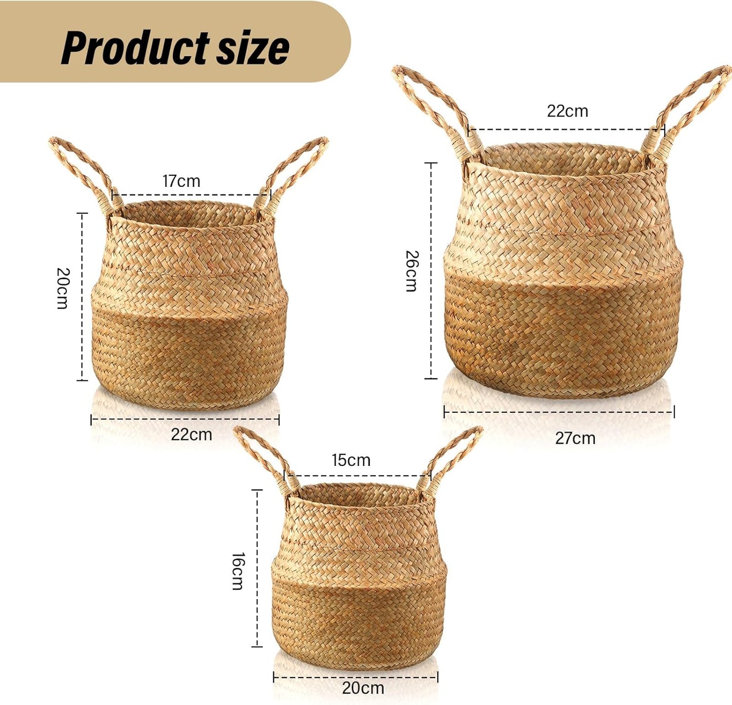 Patelai 3 Set Seagrass Belly Storage Basket Woven Plant Pot Holder with Handles for Plants Picnic Grocery Laundry(Natural Color)