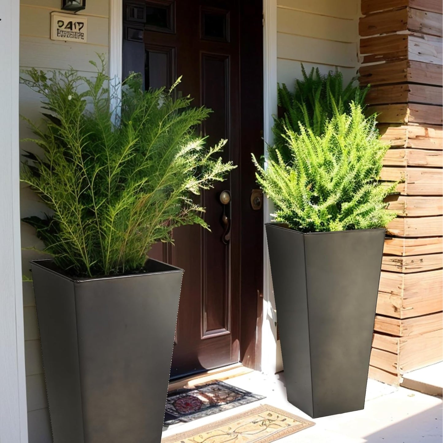 KOL 28''H. Tall Galvanized Steel Glazed Planter with Insert, Set of 2, Planter Pots for Indoor & Outdoor Use, Decorative Flower Plant Pots with Drainage Hole for Front Porch, Patio, Deck - Black