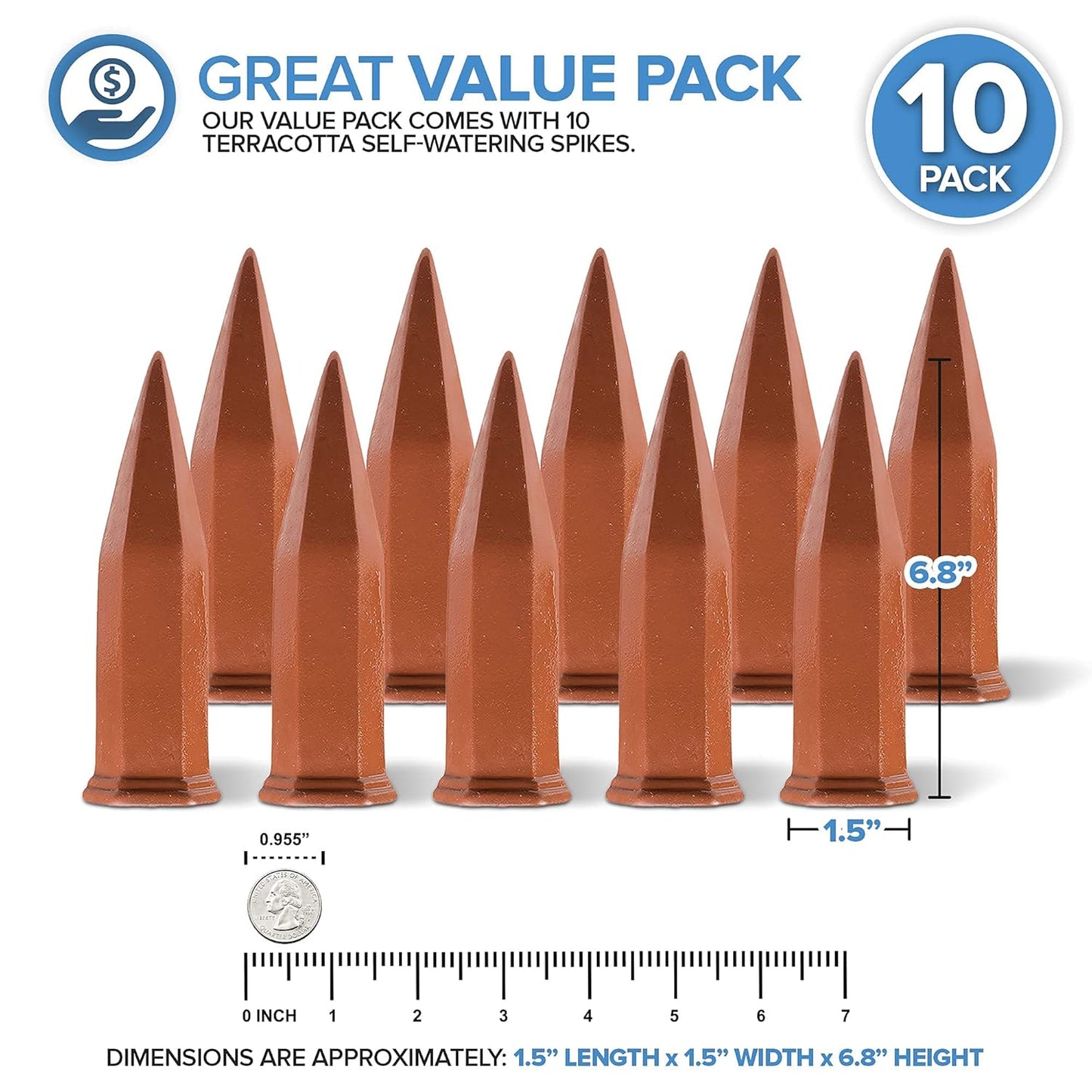 Modern Innovations Ceramic Terracotta Self Watering Spikes (10 Pack) Vacation Automatic Plant Waterer Devices, Indoor/Outdoor Planter Insert, Terra-Cotta Stakes for Potted Plants, Auto-Water System