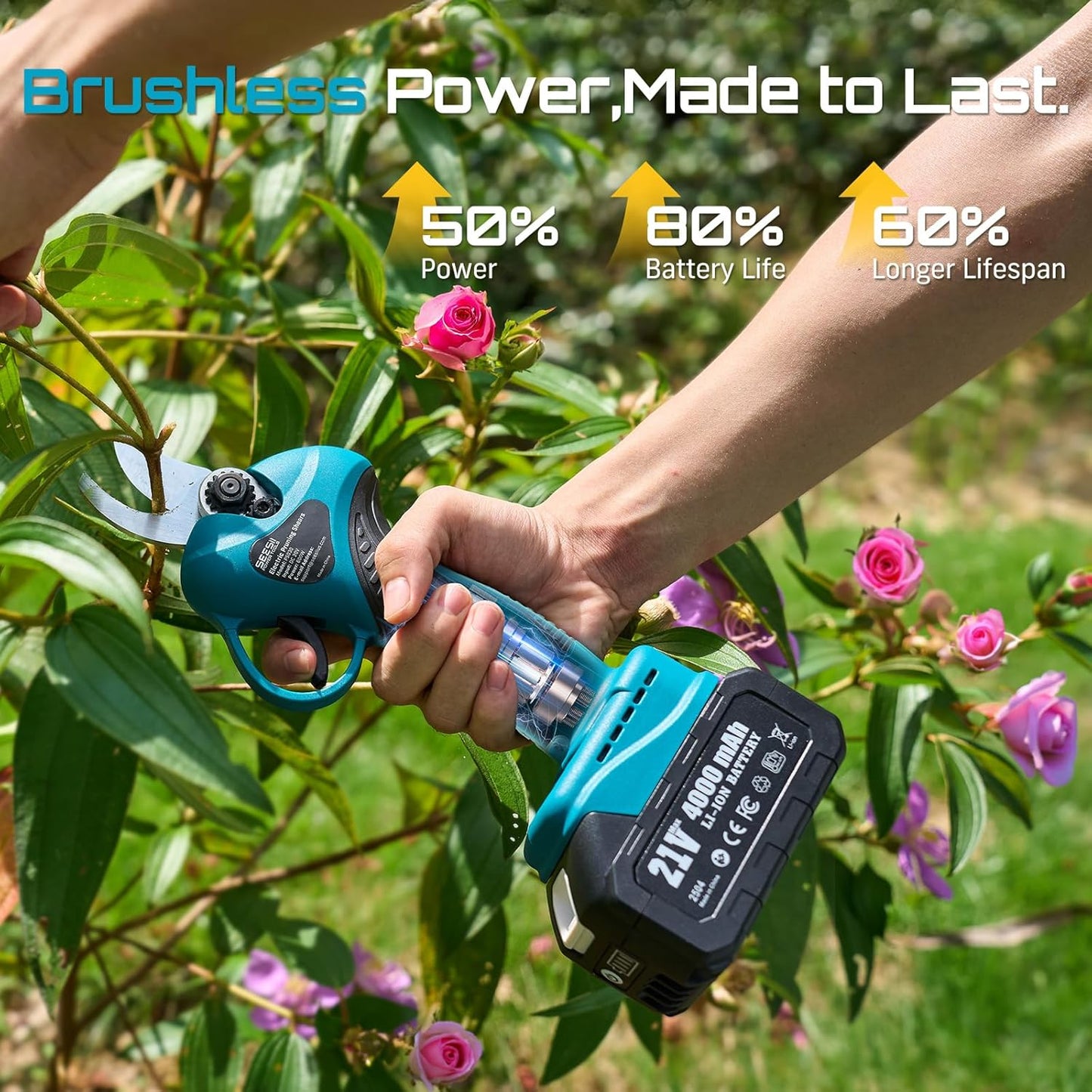 Seesii 2-in-1 Cordless Electric Pruning Shears with Pole, 15Ft Reach, 1.2" Cutting Diameter, 21V 2x 4000mAh Batteries, Battery Powered Tree Pruner with Brushless Motor for Efficient Branch Trimming