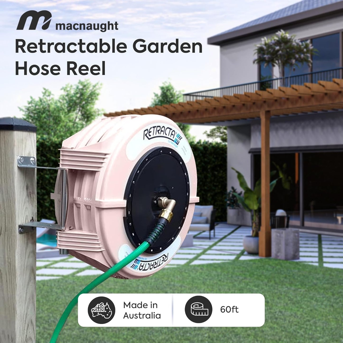 Macnaught Retractable Garden Hose Reel, 60 Ft Water Hose Reel Heavy Duty Retractable Hose with Metal 180° Swivel Rotation Bracket for Wall Mount - Beige