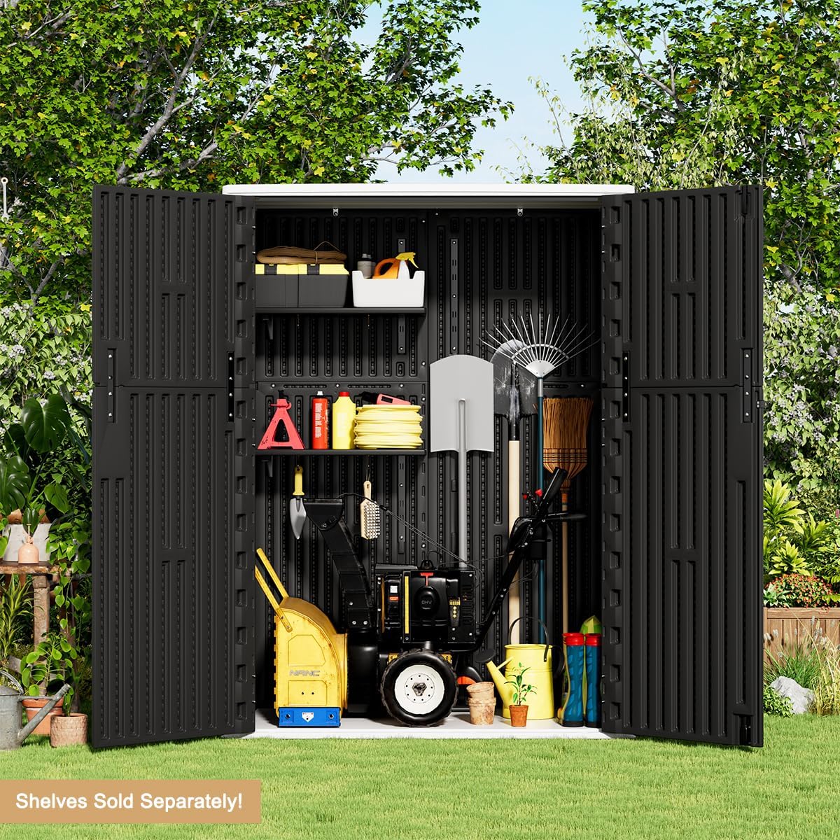 KINYING Outdoor Storage Shed,57 Cu.ft Vertical Outdoor Storage Cabinet Waterproof, Outdoor Resin Tool Shed for Patio Furniture, Garden Tools, Pool Accessories, Lawn Mower(Black Color)