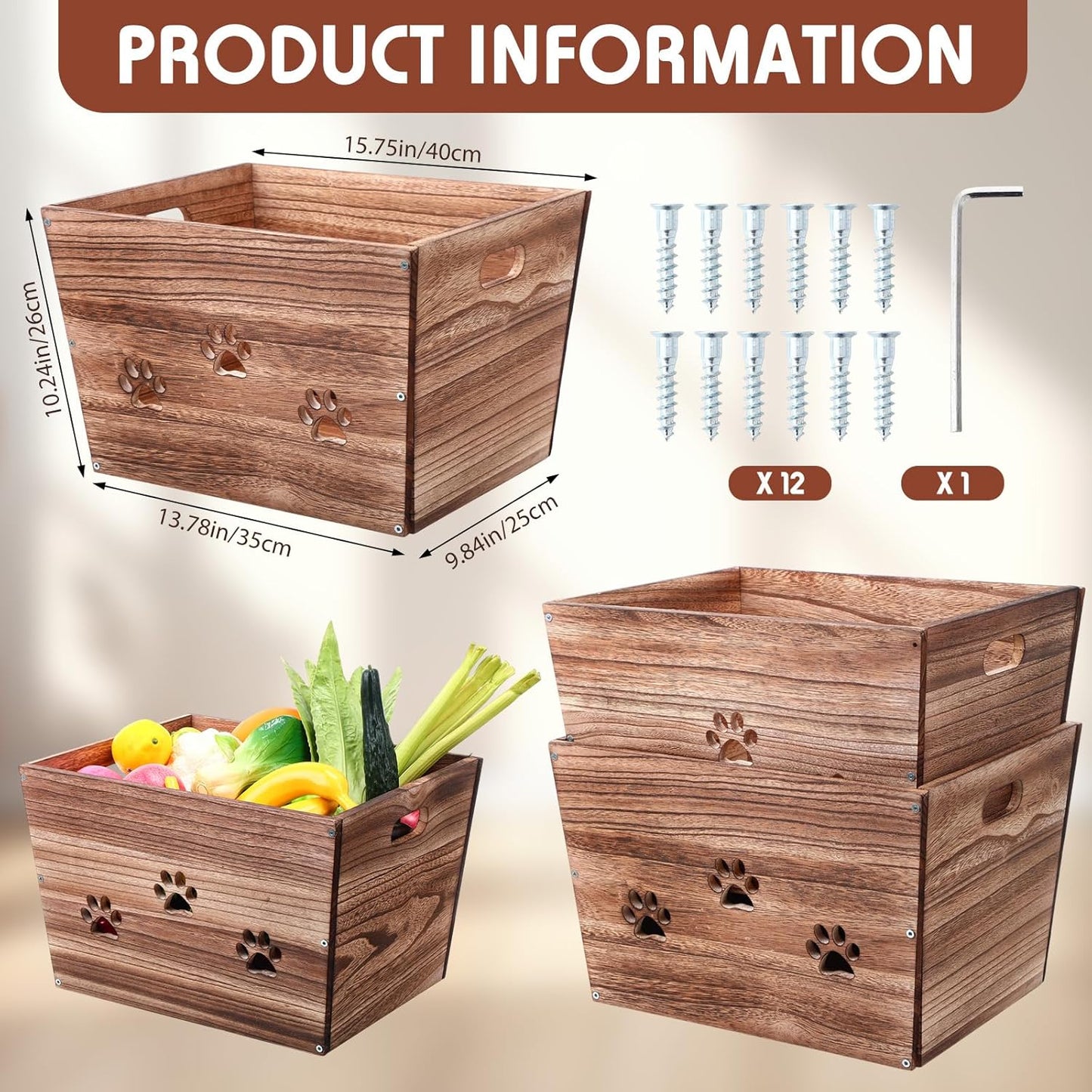 3 Pack Rustic Wooden Crates Hollow Claw Wooden Storage Boxes with Handles Dog Toy Box Large Handmade Farmhouse Decorative Wood Crate for Display