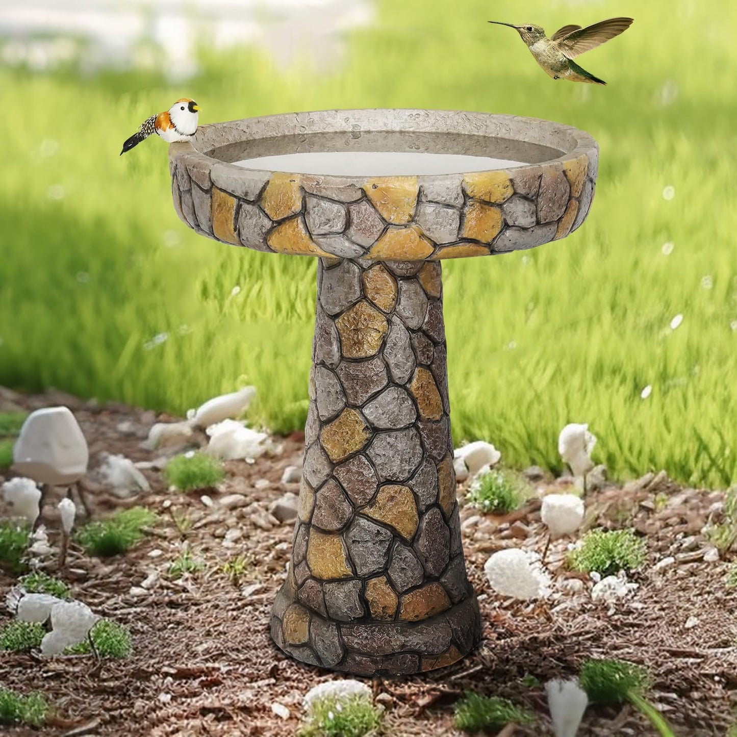 SKYFIRE Stone Like Outdoor Bird Bath - Concrete Freestanding Patio Birdbath with Pedestal for Garden, Patio, Yard, Lawn - 18.8”L X 18.8”W X 24”H Rustic Faux Stone Pedestal Outdoor Garden Birdbaths