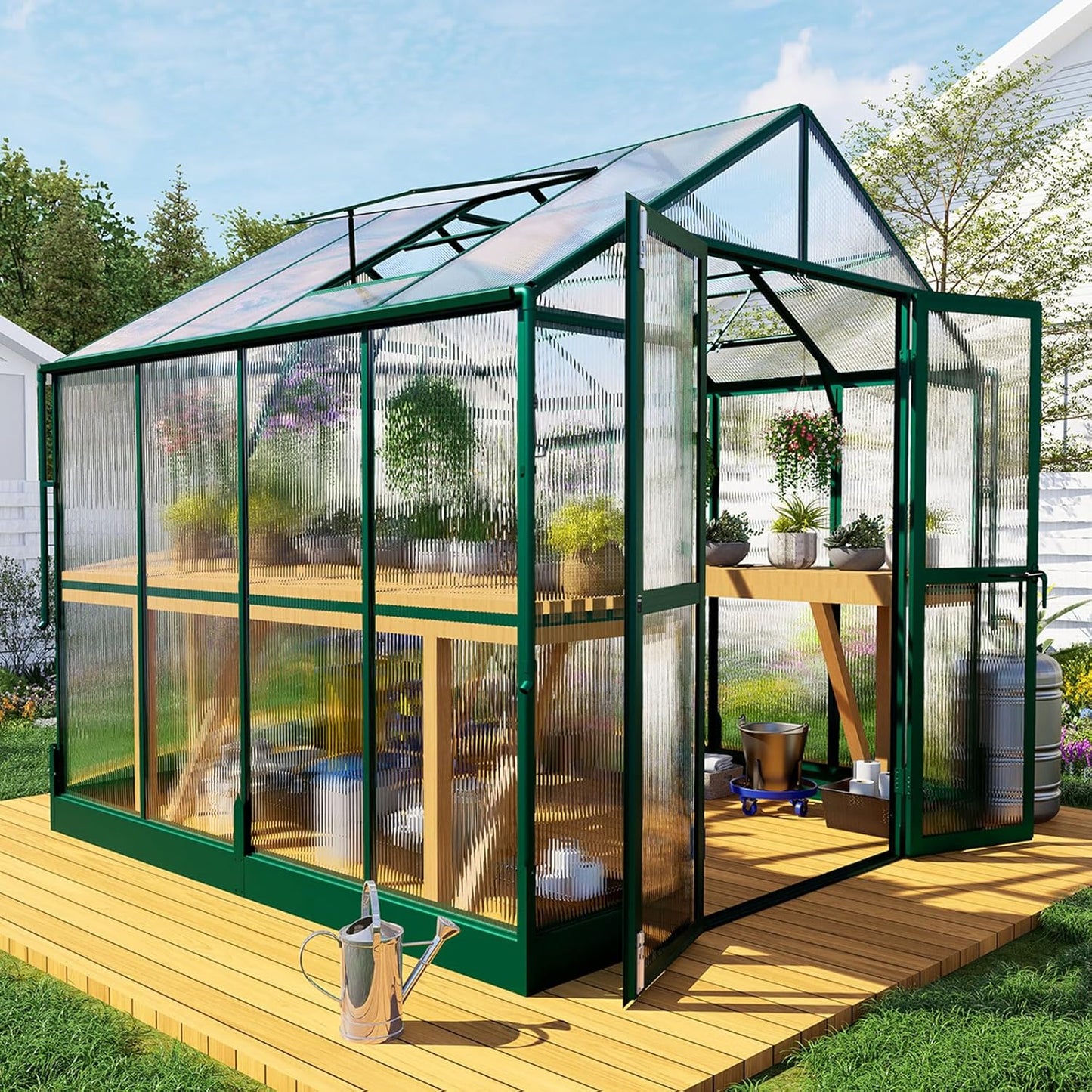 HOWE 8x8x7.5 FT Aluminum Greenhouses for Outdoors,Polycarbonate Greenhouse with 2 Vents Lockable Swing Door Rain Gutter,Walk-in Greenhouse for Backyard Plants,Green