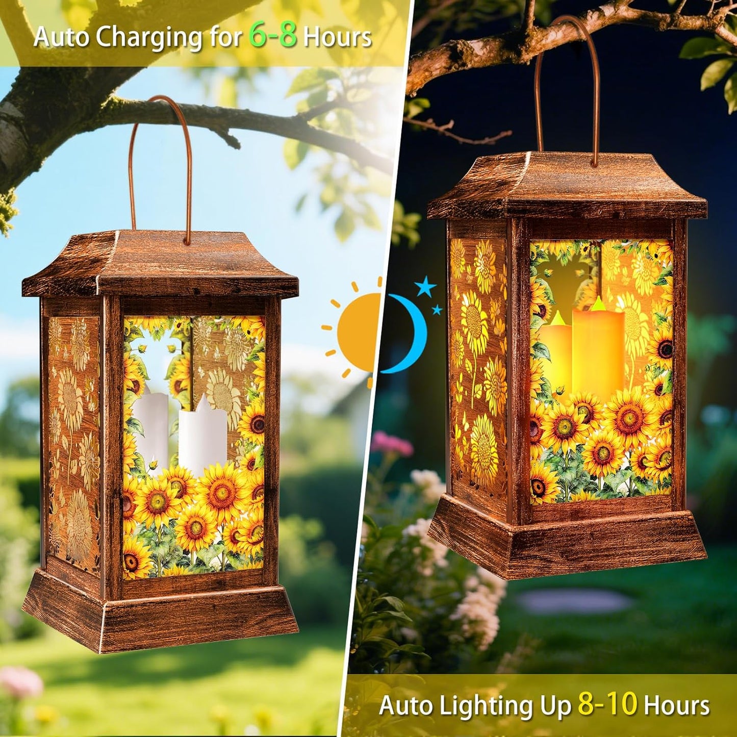 Sunflower Solar Lanterns Outdoor Waterproof, Metal & Glass Hanging Lights Garden Decor, Birthday Gifts for Women Mom Grandma Mothers Day, Decorative Lights for Outside Yard Patio Backyard Porch