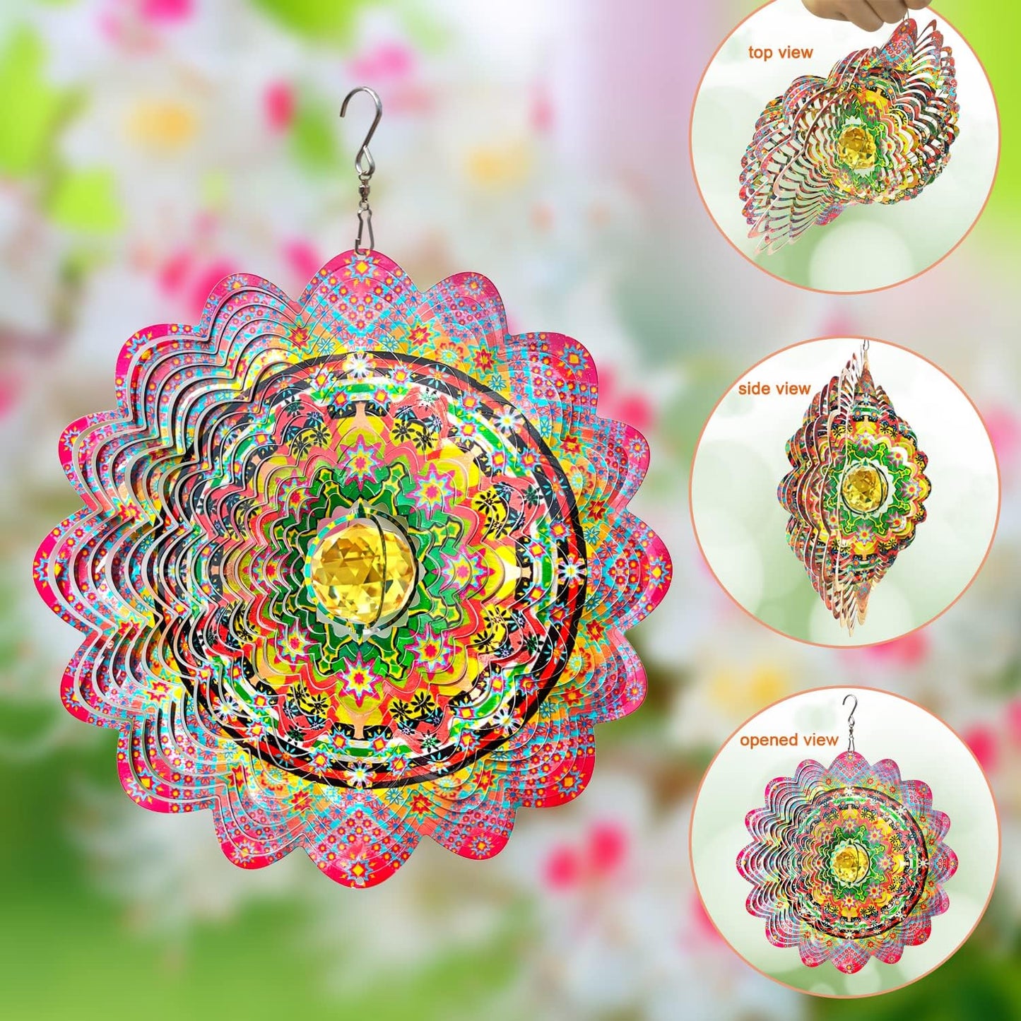 FONMY Mandala Wind Spinner w/Crystal Ball-Romatic Flower 3D Stainless Steel Hanging Spinners Worth Gift Christmas Decoration Indoor/Outdoor Garden Décor Kinetic Yard Art 12 Inches Wind Sculpture