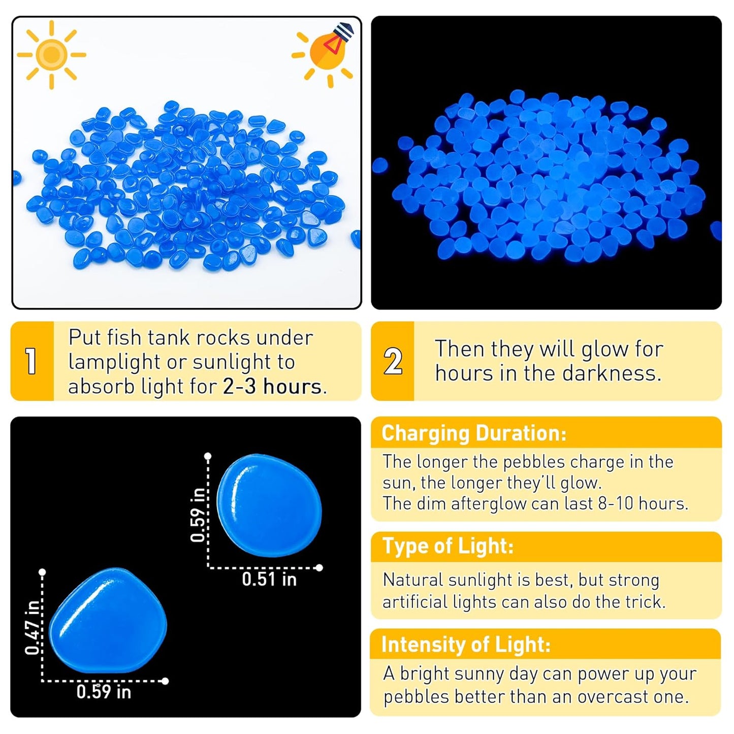 Glow in The Dark Rocks Outdoor Garden Pebbles Stones, 1.2Lbs Blue Fish Tank Glow Rocks Resin Glowing Pebbles for Garden/Aquarium/Planter/Walkway/Driveway