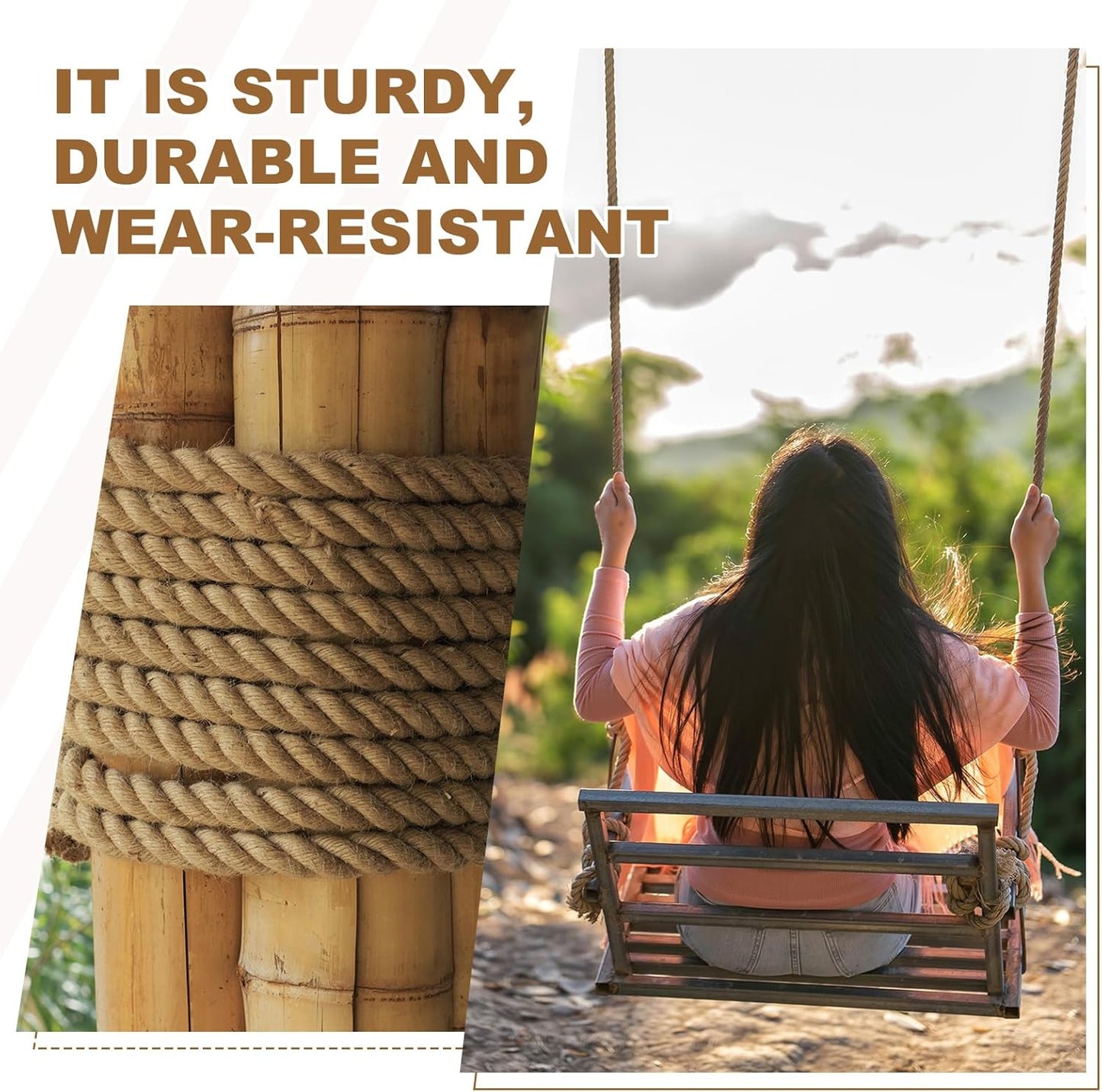 MECCANIXITY Jute Rope 1 Inch x 15ft, Thick Twine Rope Ropes Braided Jute Twine Natural Brown Burlap Cord String Heavy Twisted with Tapes for Decorative Crafts Railing Swing Tug of War