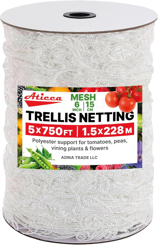 Trellis Netting 5 x 750 ft Heavy Duty Polyester Plant Support Netting White - 6 Inch Garden Rope Trellis on Roll - Mesh Twine for Growing Vine Climbing Plants, Flowers, Peas, and Tomatoes.