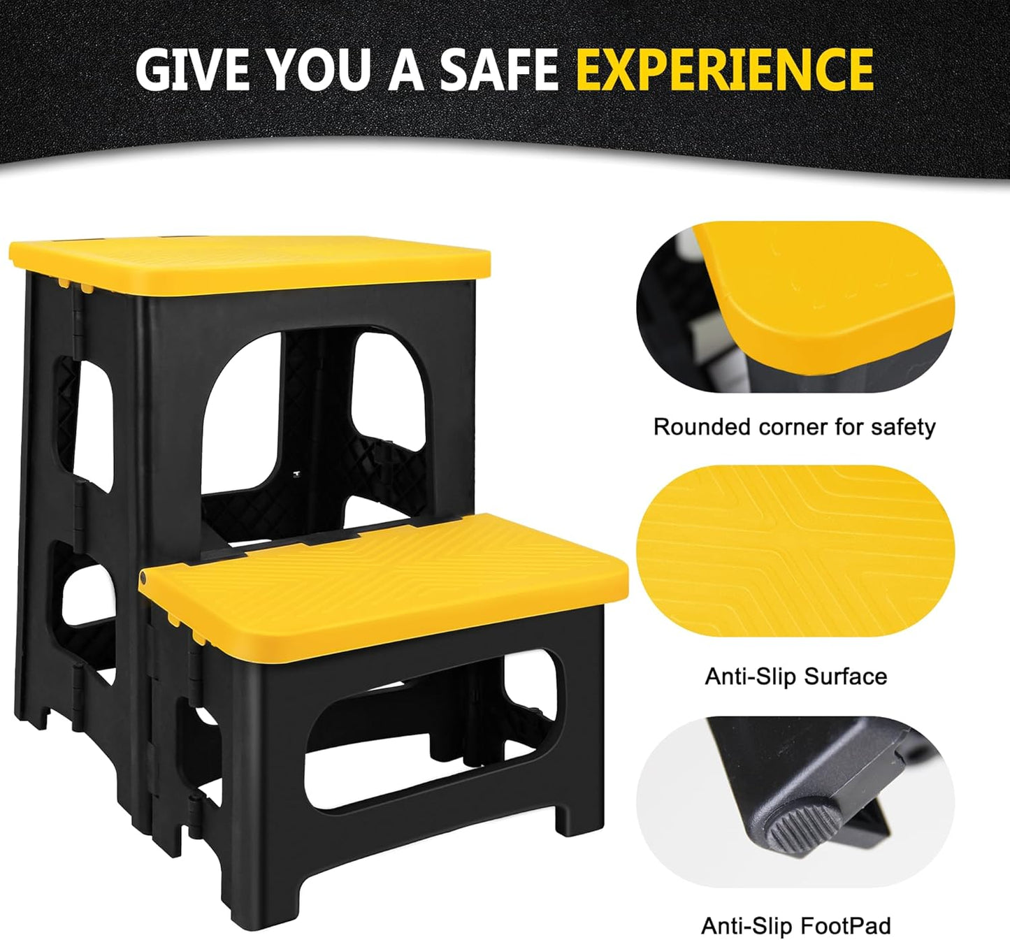 Folding 2-Step Stool, Non-Slip Portable Footstool 8" & 17" Dual Heights, Holds 250 lbs, Portable Footstool for Kitchen Home Toilet Bedroom Office Bathroom RV(Yellow)