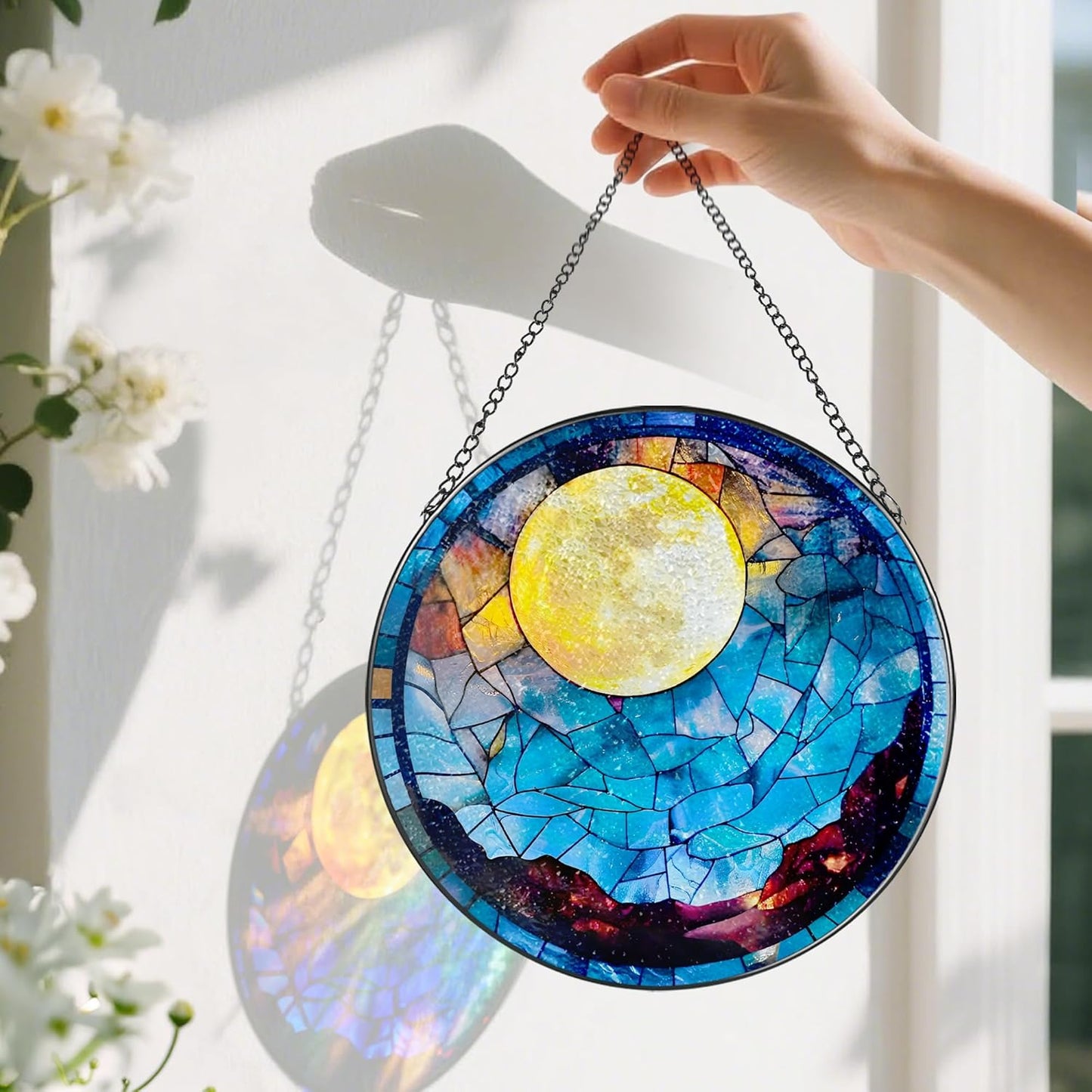 Stained Glass Window Hanging - 8 Inch Full Moon Suncatcher for Window Doors Home Decoration, Valentine's Day Mother's Day Christmas Birthday Gifts for Women, Men, and Mom Grandma