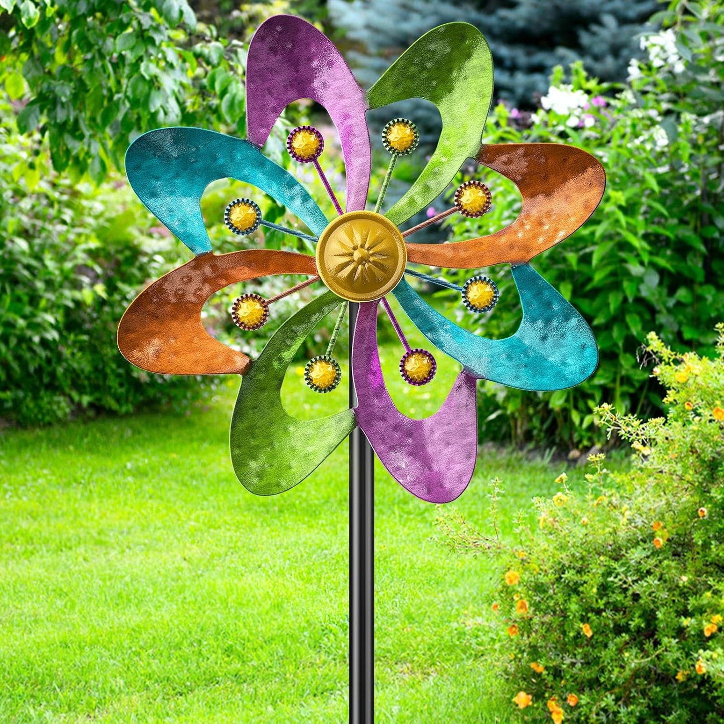 Metal Wind Spinners Outdoor, 360° Wind Sculpture Spinner with Metal Stake, Waterproof Spinners Green Kinetic Wind Spinner for Yard Lawn Decor (A- Colourful 1PC)