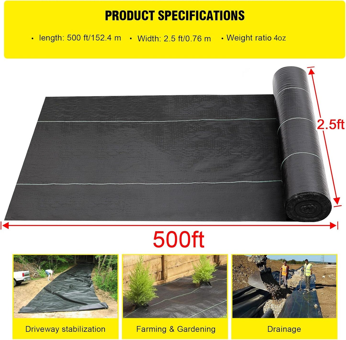 Driveway Fabric 2.5x500 ft - Commercial Weed Barrier, Heavy Duty 4OZ Landscape Fabric for Road, French Drain, Erosion Control, and Construction Projects