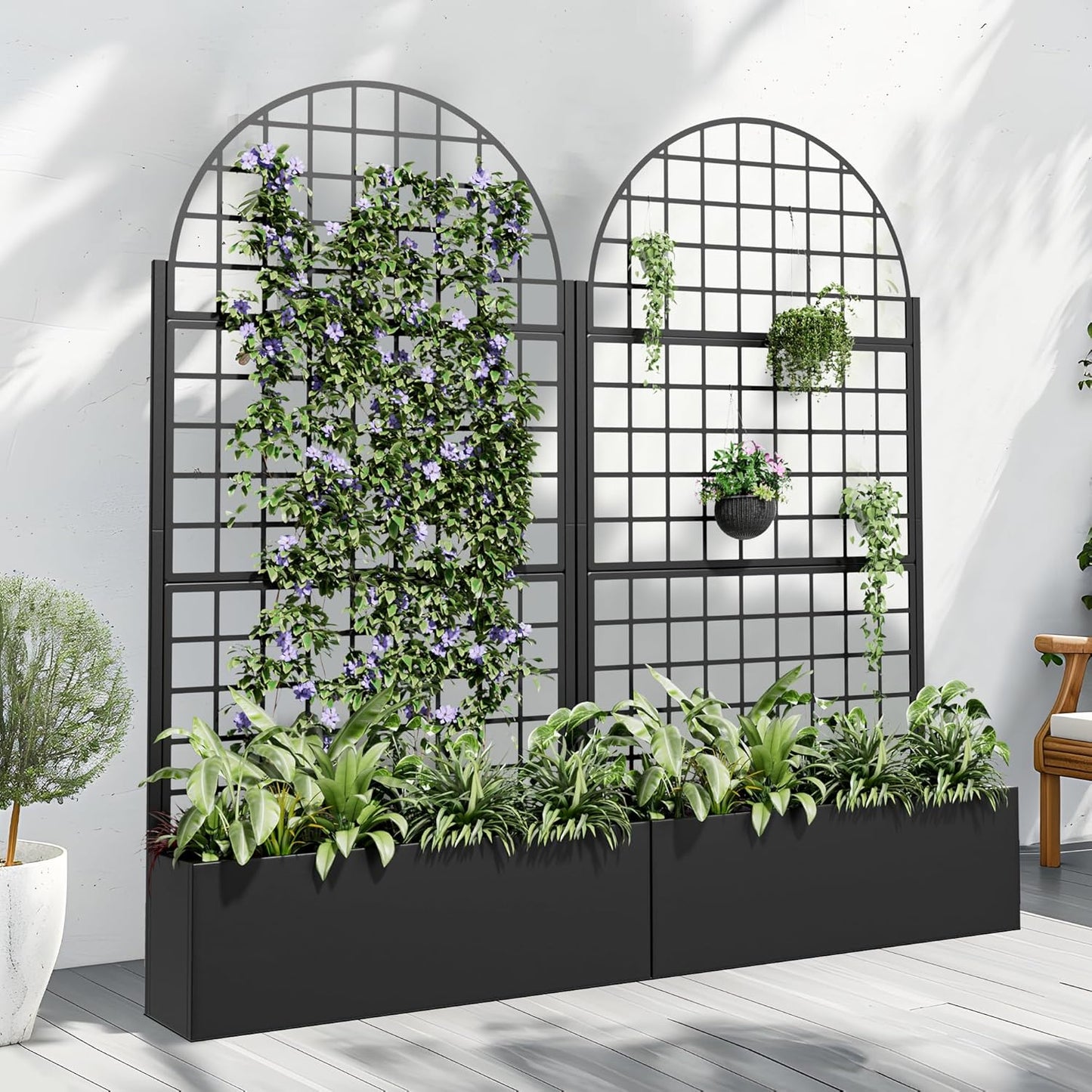 Casaphoria Metal Raised Garden Bed with Trellis and Wheels, 72"x35"x16" Arched Planter Box for Climbing Plants, Vegetables & Vines, Features Drainage Holes and Privacy Screen (Black-Grid)