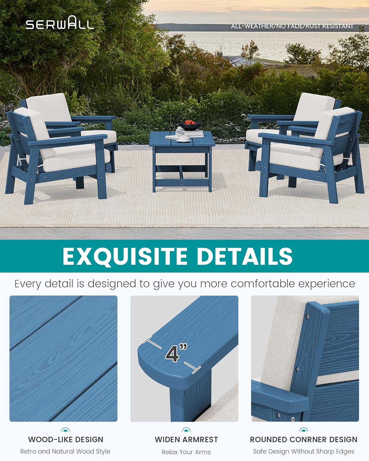 SERWALL Outdoor Patio Furniture Set, 5 Piece HDPE Patio Conversation Sets, All-Weather Wood-Like Outdoor Couch Loveseat and Coffee Table with Thick Cushions for Porch Balcony Garden Backyard