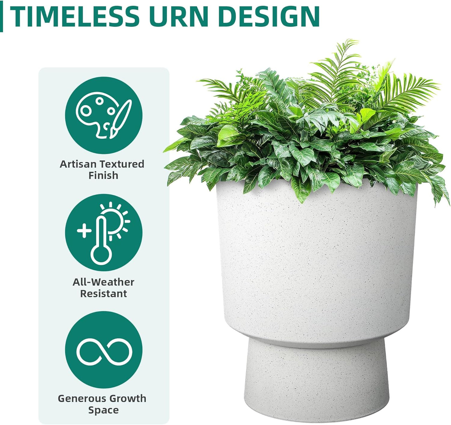 16.75"H Urn-Style Tall Planters, 2-Pack Modern Large Flower Pots for Outdoor Indoor, 2-in-1 Design Plant Containers for Garden Patio Yard Balcony Porch or Home Decor, White Terrazzo, UV-Protect