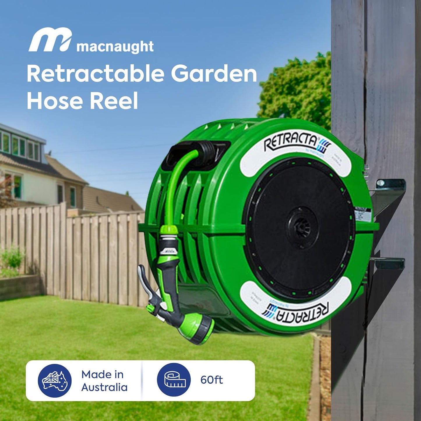 Macnaught Retractable Garden Hose Reel, 60 Ft Water Hose Reel Heavy Duty Retractable Hose with Metal 180° Swivel Rotation Bracket for Wall Mount - Green
