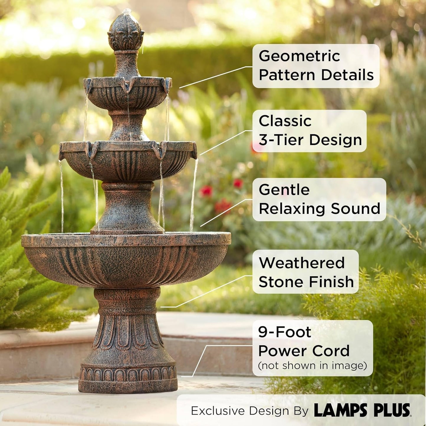 Ravenna 43" High Large Italian Indoor Outdoor Decor Faux Stone Floor Fountain Standing Waterfall 3-Tier Basin Tall Water Feature for Outside Garden Patio Yard Backyard Porch Deck - John Timberland