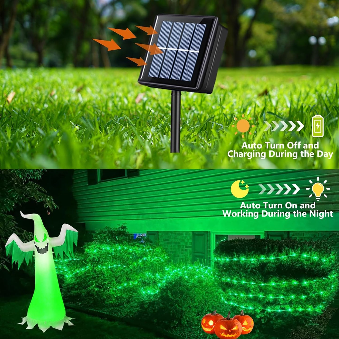 QITONG 4 Pack Green Solar Fairy Lights, Each 33ft 100 LED Halloween Lights Outdoor Waterproof, 8 Modes Silver Wire Christmas String Lights