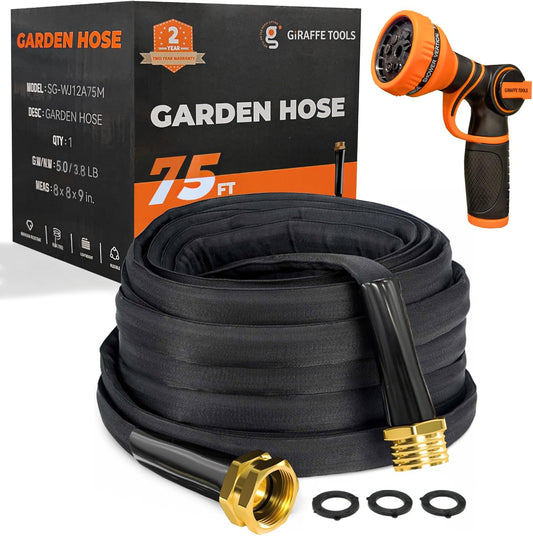 Giraffe Tools Garden Hose 75FT Lightweight Lay Flat Water Hose Kink Free Flexible Hose with 9 Spray Function Nozzle（Black）