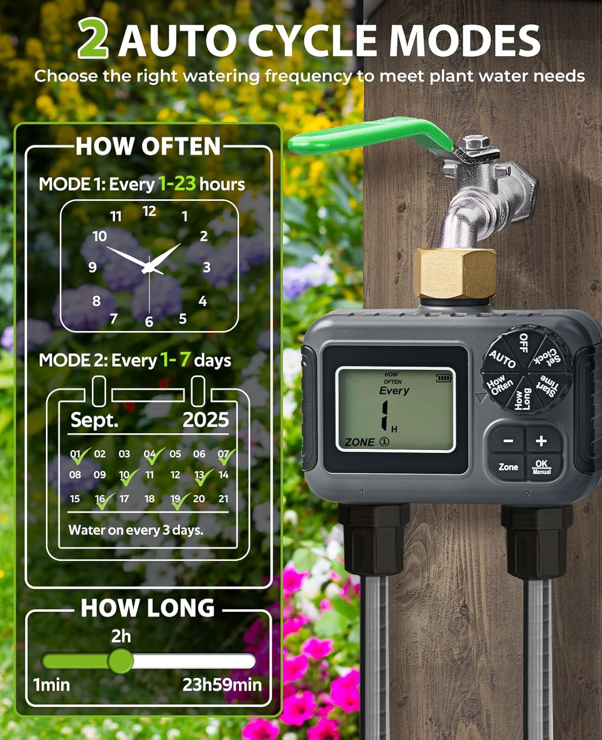 HIRALIY Sprinkler Timer, Water Timer for Garden Hose 2 Zone, Programmable for Watering, Automatic Irrigation System for Yard Lawn, Brass Connector, IP5 Waterproof