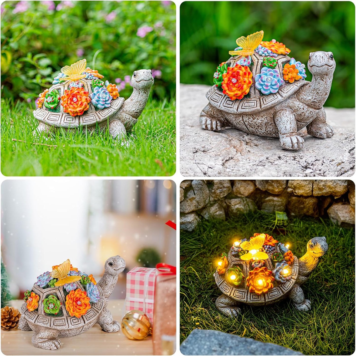 Solar Garden Outdoor Statues with Succulent and 7 LED Lights - Lawn Decor Tortoise Statue for Patio, Balcony, Yard Ornament - Unique Housewarming Gifts (Grey Turtle)