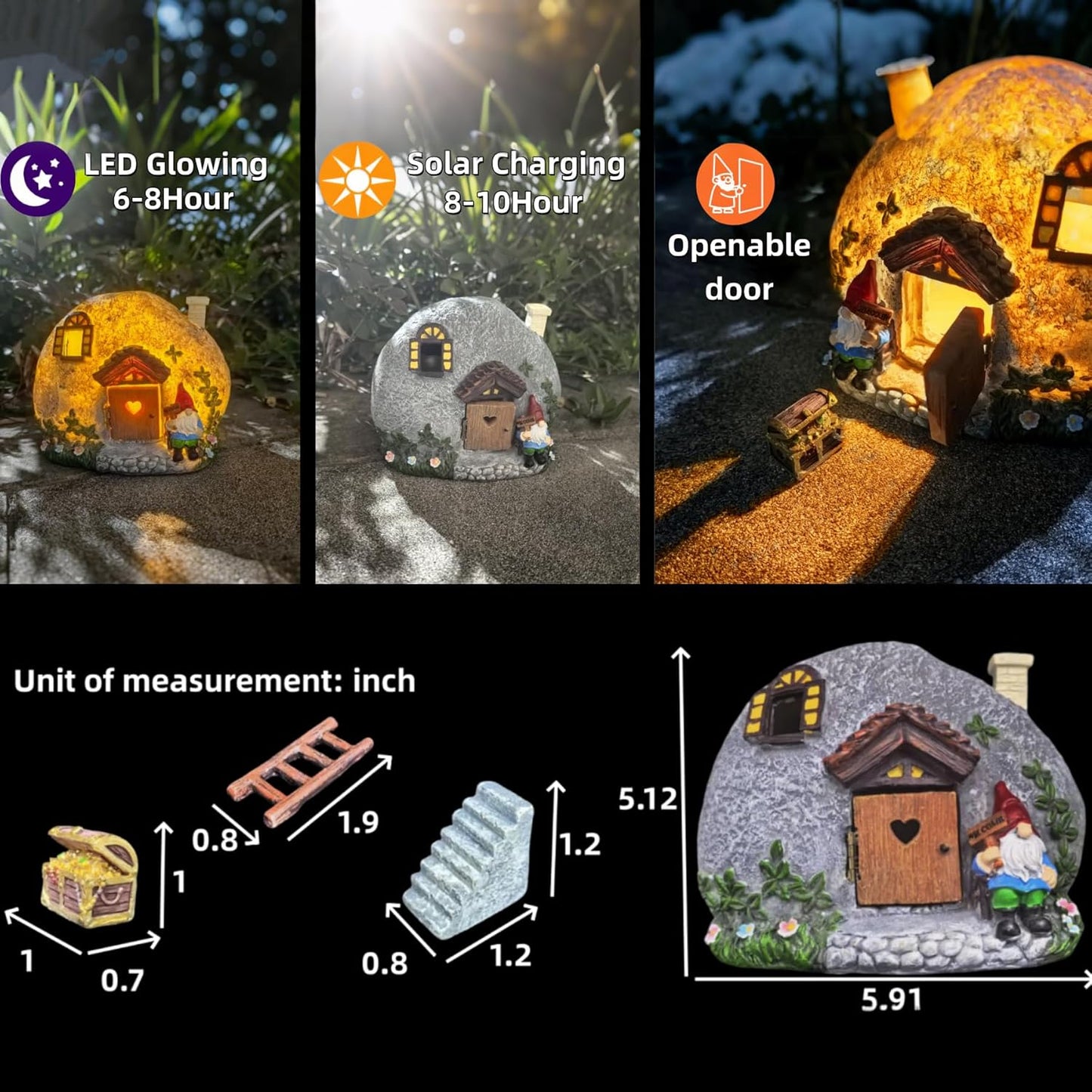 Solar Fairy Garden Houses Statues Kit, 4 Pcs Figurines Accessories House with Openable Door for Outdoor Yard Lawn Patio Proch, Christmas Housewarming Decorations, Gift Ideas for Women Kids