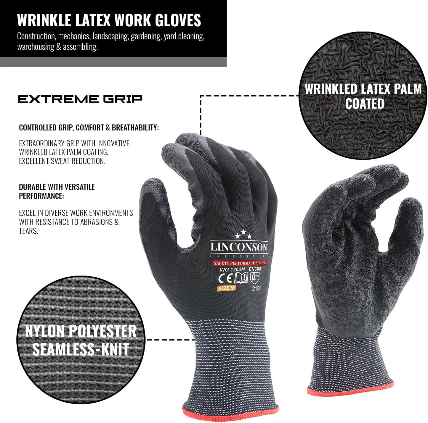 linconson 12 Pack Safety Performance Series Construction Mechanics Wrinkle Latex Work Gloves